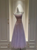 Dreamy Lavender A-Line Suspender Strap Pleated Tulle Long Formal Prom Dresses