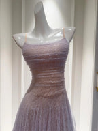 Dreamy Lavender A-Line Suspender Strap Pleated Tulle Long Formal Prom Dresses