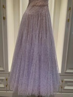 Dreamy Lavender A-Line Suspender Strap Pleated Tulle Long Formal Prom Dresses
