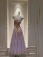 Dreamy Lavender A-Line Suspender Strap Pleated Tulle Long Formal Prom Dresses