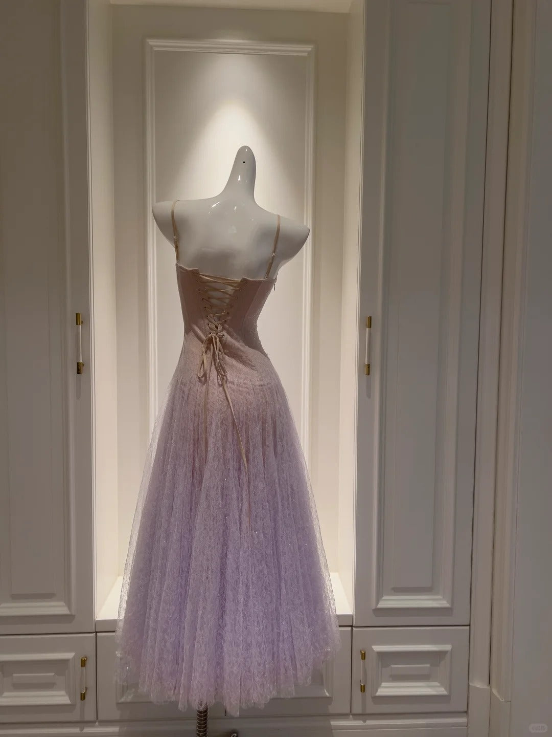 Dreamy Lavender A-Line Suspender Strap Pleated Tulle Long Formal Prom Dresses
