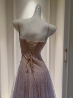 Dreamy Lavender A-Line Suspender Strap Pleated Tulle Long Formal Prom Dresses