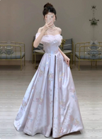 Dreamy Lavender Gray Pink A-Line Off-The-Shoulder Printed Satin Long Formal Prom Dresses