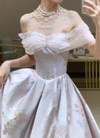 Dreamy Lavender Gray Pink A-Line Off-The-Shoulder Printed Satin Long Formal Prom Dresses