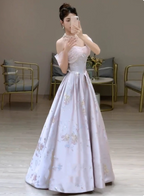 Dreamy Lavender Gray Pink A-Line Off-The-Shoulder Printed Satin Long Formal Prom Dresses