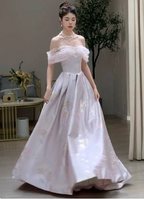 Dreamy Lavender Gray Pink A-Line Off-The-Shoulder Printed Satin Long Formal Prom Dresses