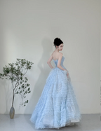 Dreamy Light Blue A-Line Strapless Tulle Floor-Length Formal Prom Dresses