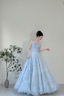 Dreamy Light Blue A-Line Strapless Tulle Floor-Length Formal Prom Dresses