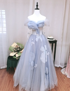 Dreamy Light Blue Butterfly Off-Shoulder Tulle Floor Length Ball Gown Prom Dresses