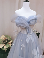 Dreamy Light Blue Butterfly Off-Shoulder Tulle Floor Length Ball Gown Prom Dresses