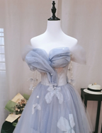 Dreamy Light Blue Butterfly Off-Shoulder Tulle Floor Length Ball Gown Prom Dresses