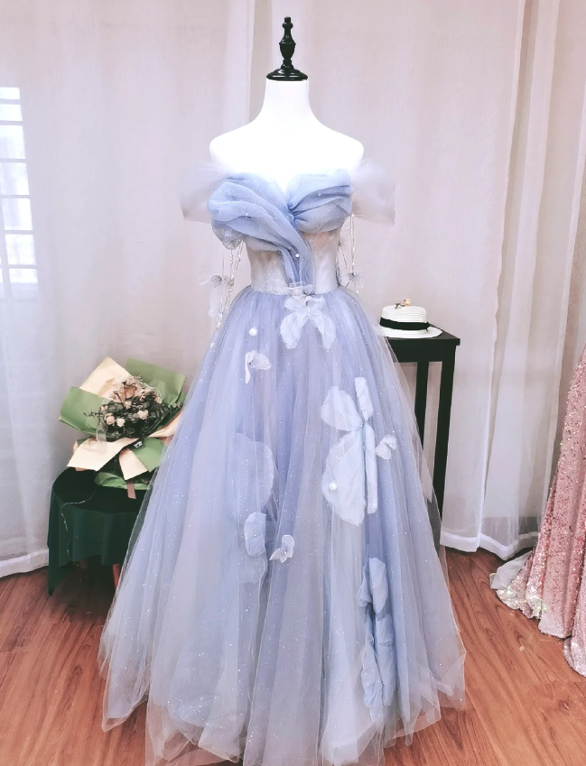 Dreamy Light Blue Butterfly Off-Shoulder Tulle Floor Length Ball Gown Prom Dresses