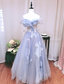 Dreamy Light Blue Butterfly Off-Shoulder Tulle Floor Length Ball Gown Prom Dresses