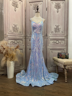 Dreamy Light Blue Ombre Mermaid Spaghetti Strap Iridescent Sequin Train Formal Prom Dresses