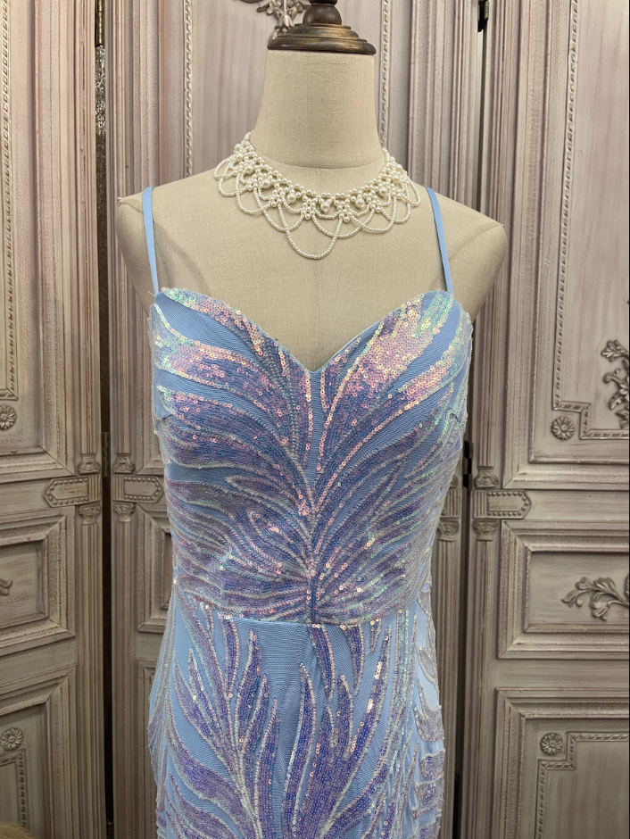 Dreamy Light Blue Ombre Mermaid Spaghetti Strap Iridescent Sequin Train Formal Prom Dresses