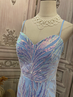Dreamy Light Blue Ombre Mermaid Spaghetti Strap Iridescent Sequin Train Formal Prom Dresses