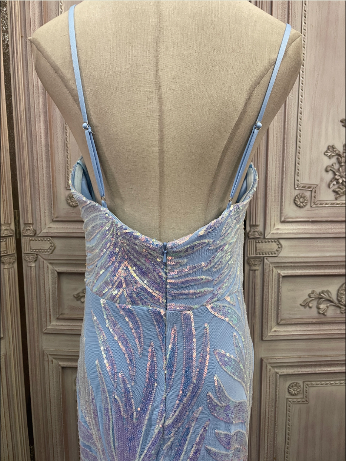 Dreamy Light Blue Ombre Mermaid Spaghetti Strap Iridescent Sequin Train Formal Prom Dresses