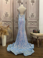 Dreamy Light Blue Ombre Mermaid Spaghetti Strap Iridescent Sequin Train Formal Prom Dresses