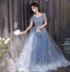 Dreamy Light Blue Square Neck Puff Sleeve A-Line Embroidered Sequined Tulle Long Formal Prom Dresses