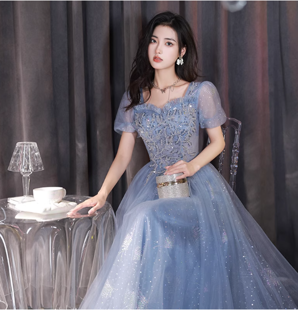 Dreamy Light Blue Square Neck Puff Sleeve A-Line Embroidered Sequined Tulle Long Formal Prom Dresses