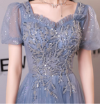 Dreamy Light Blue Square Neck Puff Sleeve A-Line Embroidered Sequined Tulle Long Formal Prom Dresses