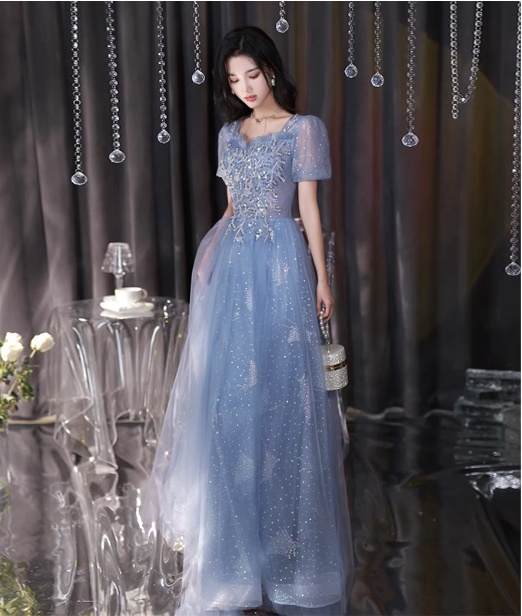Dreamy Light Blue Square Neck Puff Sleeve A-Line Embroidered Sequined Tulle Long Formal Prom Dresses Main image