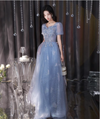 Dreamy Light Blue Square Neck Puff Sleeve A-Line Embroidered Sequined Tulle Long Formal Prom Dresses