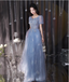 Dreamy Light Blue Square Neck Puff Sleeve A-Line Embroidered Sequined Tulle Long Formal Prom Dresses