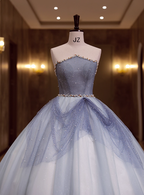 Dreamy Light Blue Strapless Tulle Ball Gown Prom Dresses Sweet 16 Dresses