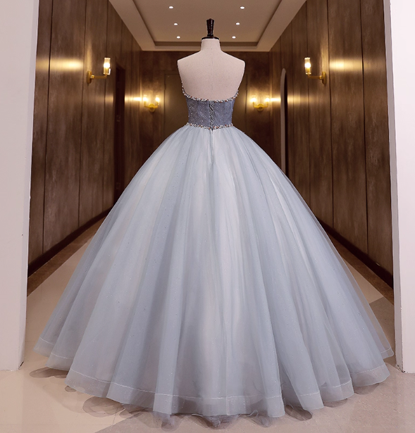Dreamy Light Blue Strapless Tulle Ball Gown Prom Dresses Sweet 16 Dresses