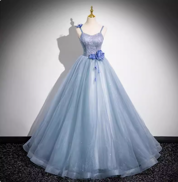 Dreamy Light Haze Blue Thin Strap 3D Floral Tulle Ball Gown Prom Dresses Sweet 16 Dresses Secondary image