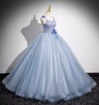 Dreamy Light Haze Blue Thin Strap 3D Floral Tulle Ball Gown Prom Dresses Sweet 16 Dresses