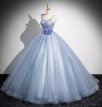 Dreamy Light Haze Blue Thin Strap 3D Floral Tulle Ball Gown Prom Dresses Sweet 16 Dresses