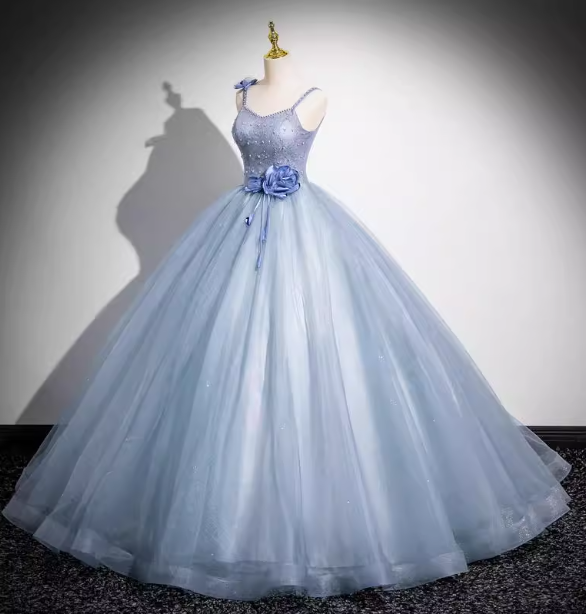 Dreamy Light Haze Blue Thin Strap 3D Floral Tulle Ball Gown Prom Dresses Sweet 16 Dresses