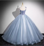 Dreamy Light Haze Blue Thin Strap 3D Floral Tulle Ball Gown Prom Dresses Sweet 16 Dresses