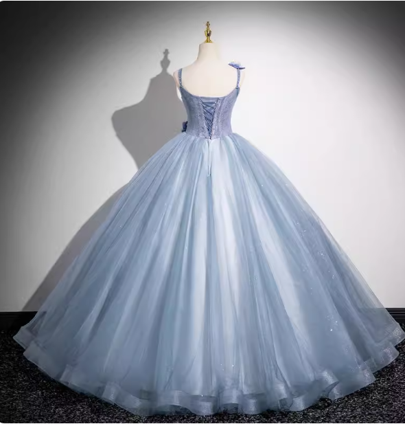 Dreamy Light Haze Blue Thin Strap 3D Floral Tulle Ball Gown Prom Dresses Sweet 16 Dresses