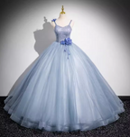 Dreamy Light Haze Blue Thin Strap 3D Floral Tulle Ball Gown Prom Dresses Sweet 16 Dresses