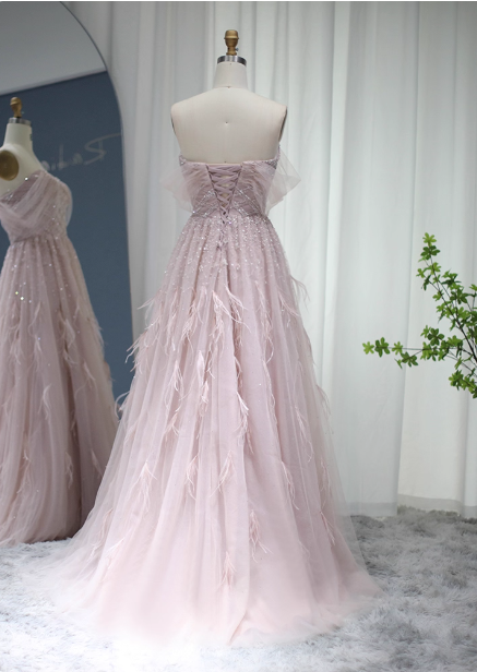 Dreamy Light Pink A-Line Sweetheart Neck Feather Beaded Tulle Long Formal Prom Dresses