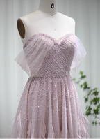 Dreamy Light Pink A-Line Sweetheart Neck Feather Beaded Tulle Long Formal Prom Dresses