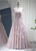 Dreamy Light Pink A-Line Sweetheart Neck Feather Beaded Tulle Long Formal Prom Dresses