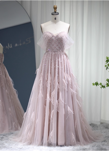 Dreamy Light Pink A-Line Sweetheart Neck Feather Beaded Tulle Long Formal Prom Dresses
