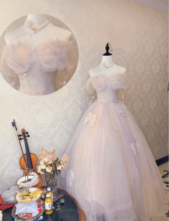 Dreamy Light Pink Off-Shoulder Tulle Floor-Length Ball Gown Prom Dresses