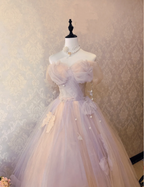 Dreamy Light Pink Off-Shoulder Tulle Floor-Length Ball Gown Prom Dresses