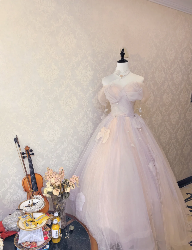 Dreamy Light Pink Off-Shoulder Tulle Floor-Length Ball Gown Prom Dresses