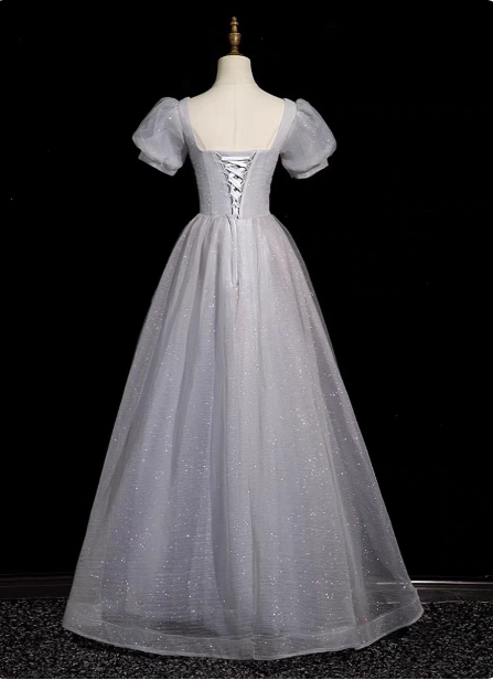 Dreamy Light Purple A-Line Square Neck Short Sleeve Tulle Long Formal Prom Dresses Secondary image