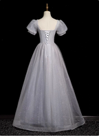 Dreamy Light Purple A-Line Square Neck Short Sleeve Tulle Long Formal Prom Dresses