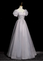 Dreamy Light Purple A-Line Square Neck Short Sleeve Tulle Long Formal Prom Dresses