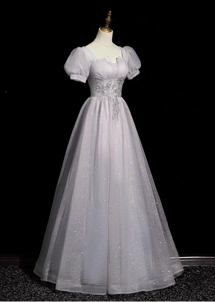 Dreamy Light Purple A-Line Square Neck Short Sleeve Tulle Long Formal Prom Dresses