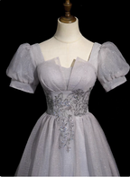 Dreamy Light Purple A-Line Square Neck Short Sleeve Tulle Long Formal Prom Dresses