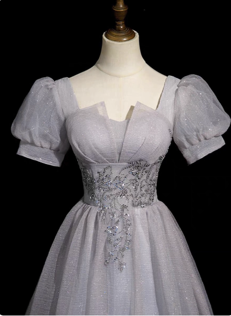 Dreamy Light Purple A-Line Square Neck Short Sleeve Tulle Long Formal Prom Dresses